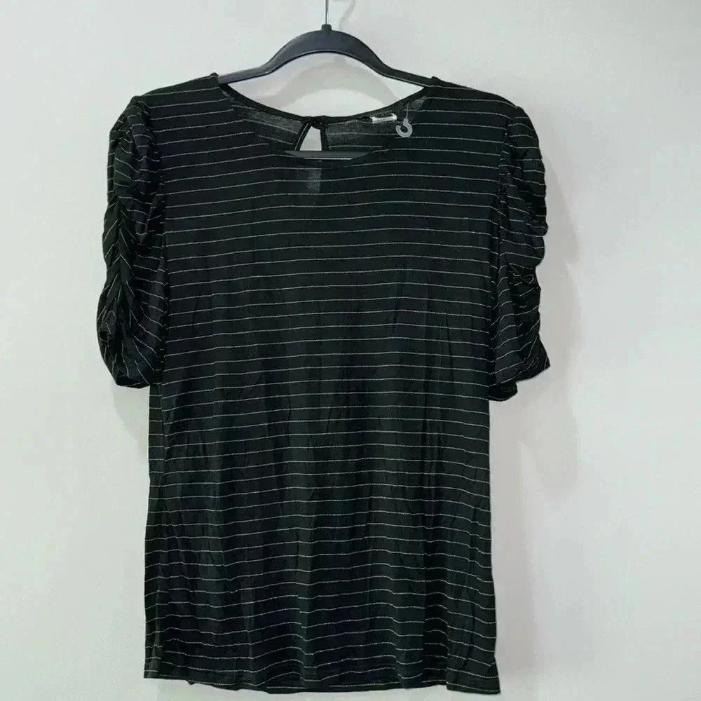 Espresso Black Ruched Sleeve Keyhole Closure Top Size S NWOT